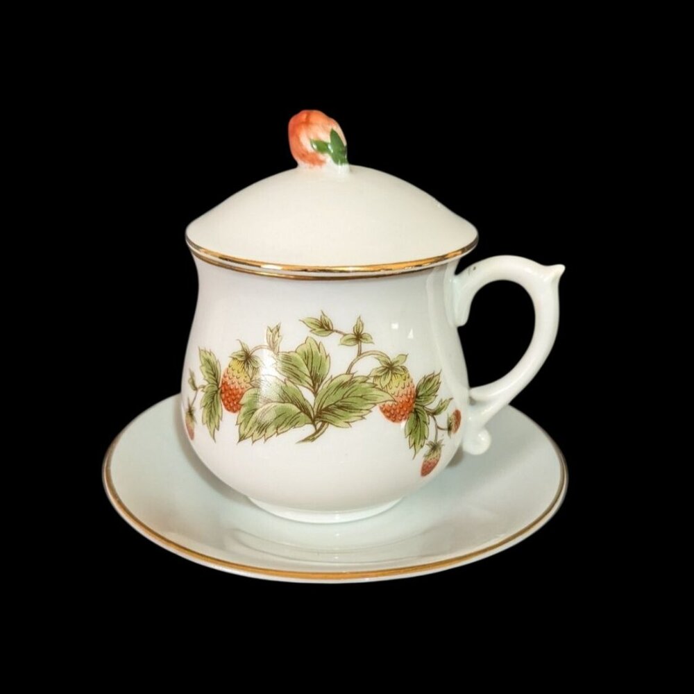 Shafford Fine Porcelain Jam/Jelly Jar With Lid Saucer Strawberry Design